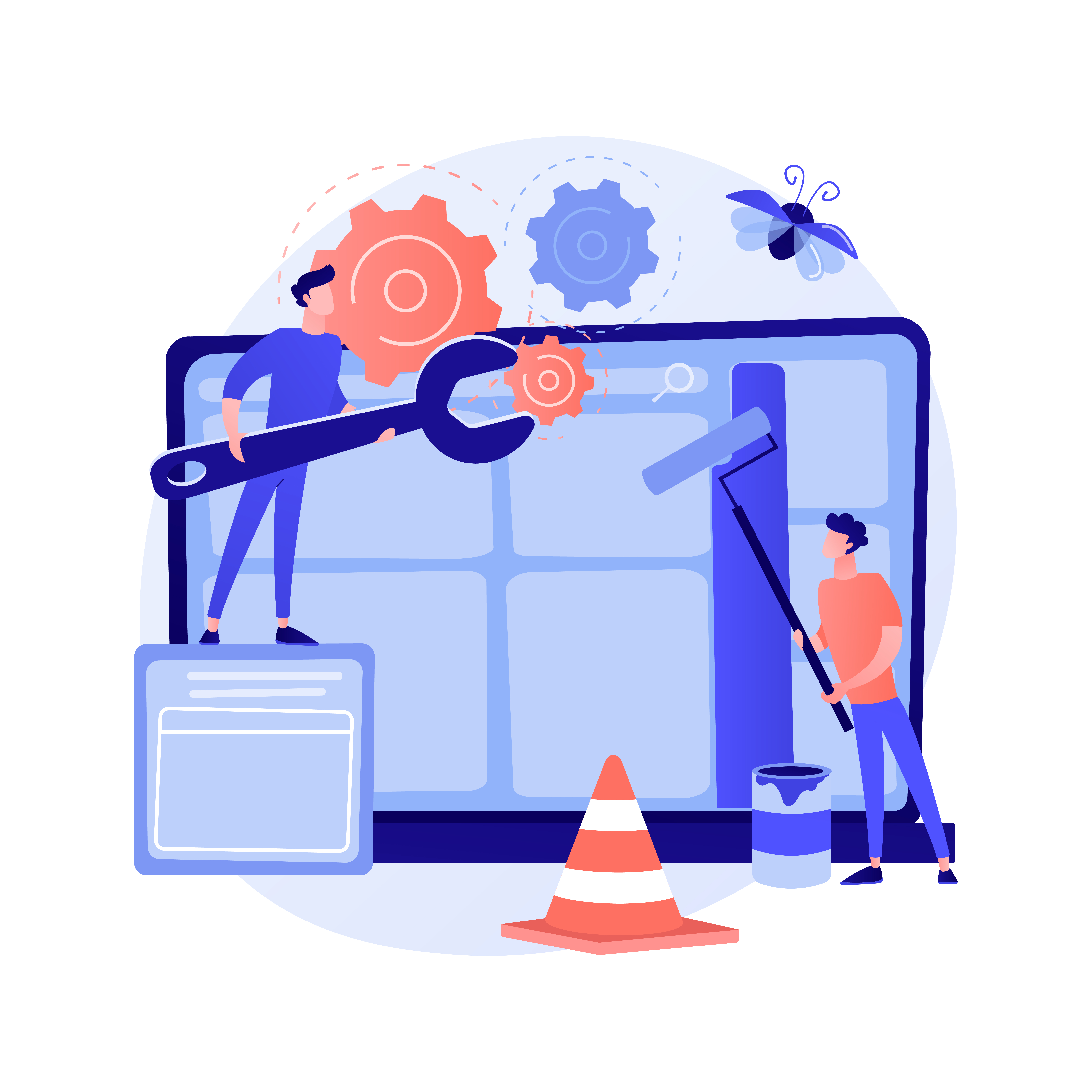 Website health dashboard visual: uptime, speed, security, forms, SEO, backups, tracking, and bug triage markers